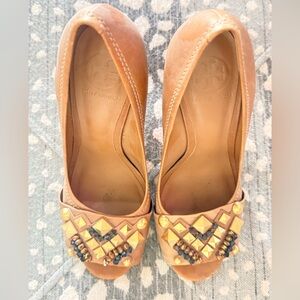 Tory Burch Tan Peep Toe Heels with Gold Accents